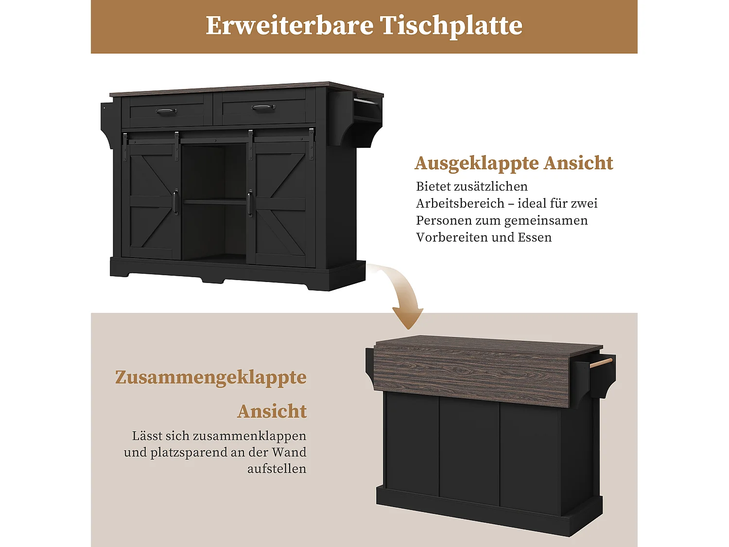 Îlot central sur roulettes - 120 x 45/70 x 91 cm - avec plan de travail rabattable + 2 portes coulissantes + 2 tiroirs - MDF - noir