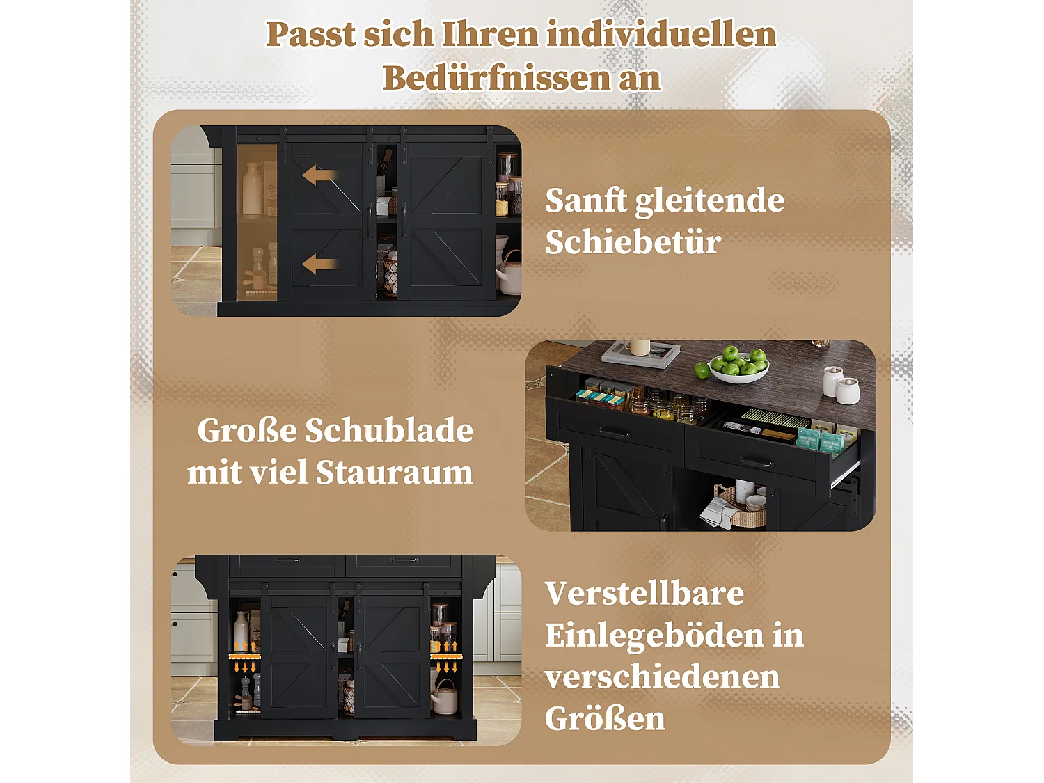 Îlot central sur roulettes - 120 x 45/70 x 91 cm - avec plan de travail rabattable + 2 portes coulissantes + 2 tiroirs - MDF - noir