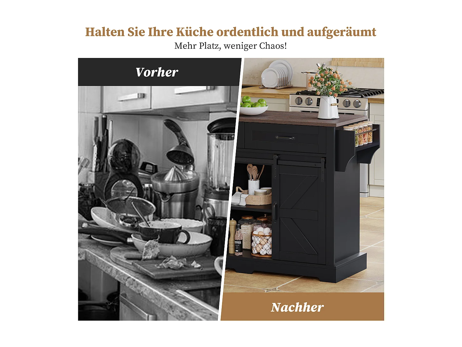 Îlot central sur roulettes - 120 x 45/70 x 91 cm - avec plan de travail rabattable + 2 portes coulissantes + 2 tiroirs - MDF - noir