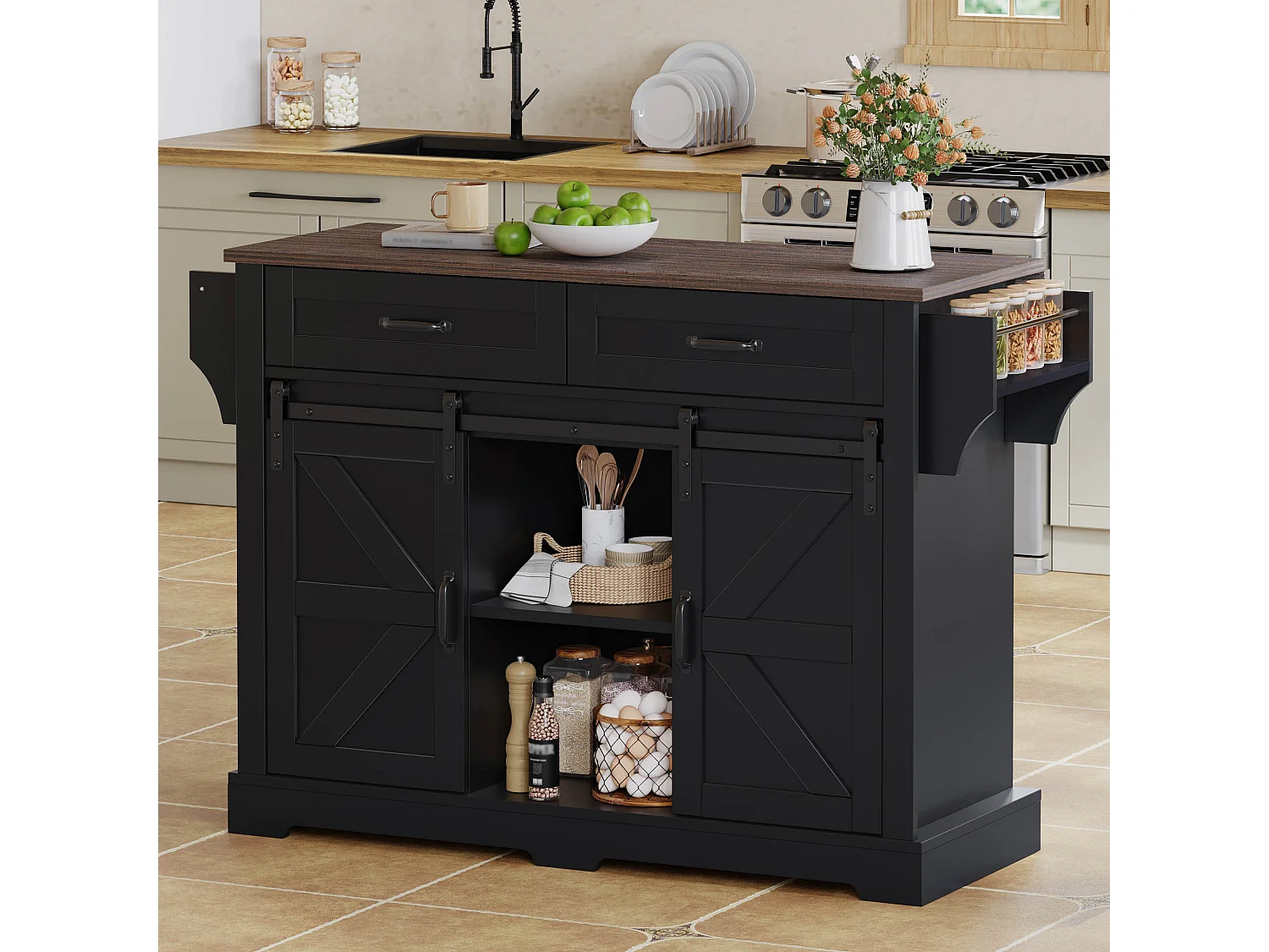 Îlot central sur roulettes - 120 x 45/70 x 91 cm - avec plan de travail rabattable + 2 portes coulissantes + 2 tiroirs - MDF - noir