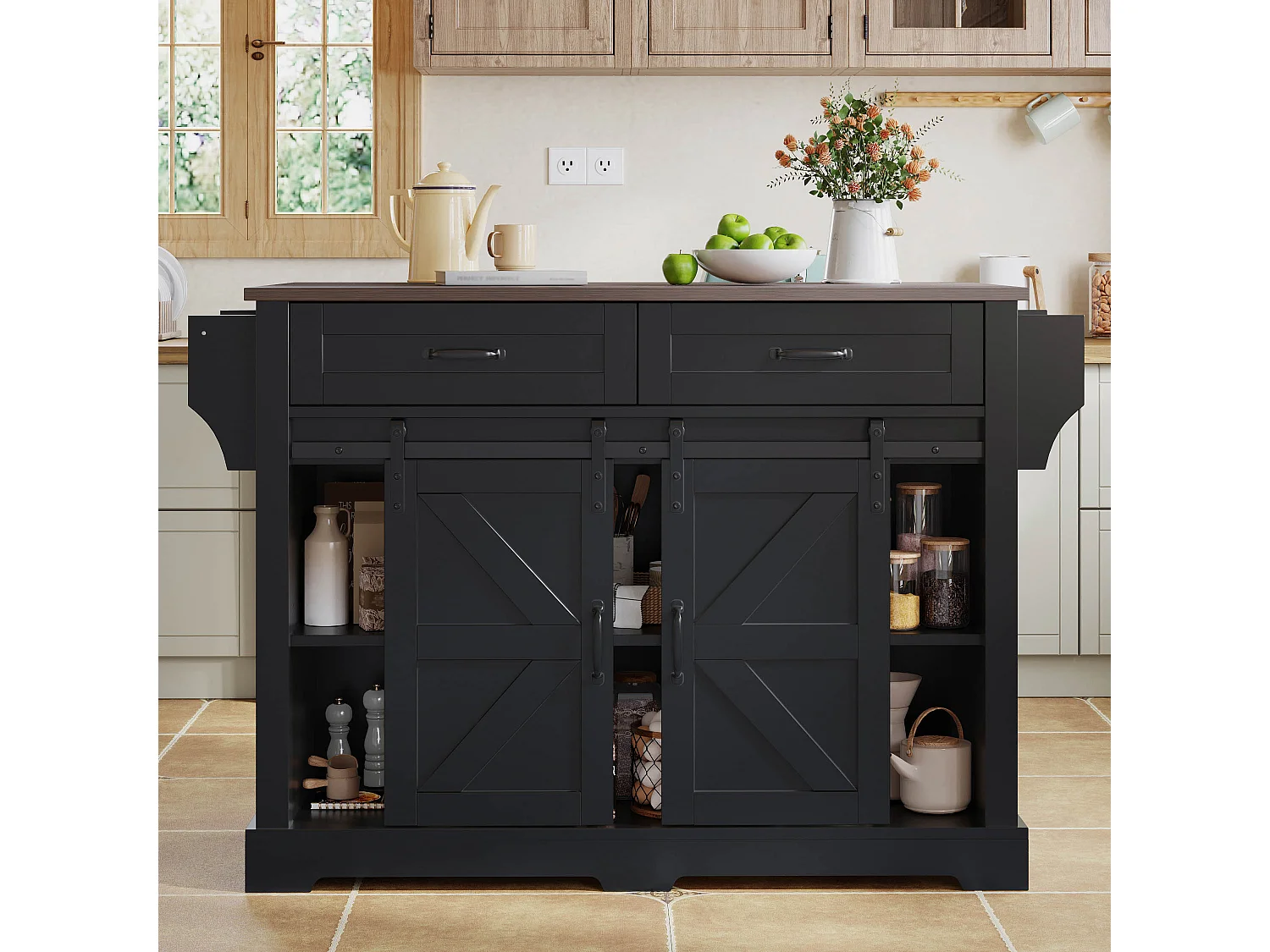 Îlot central sur roulettes - 120 x 45/70 x 91 cm - avec plan de travail rabattable + 2 portes coulissantes + 2 tiroirs - MDF - noir