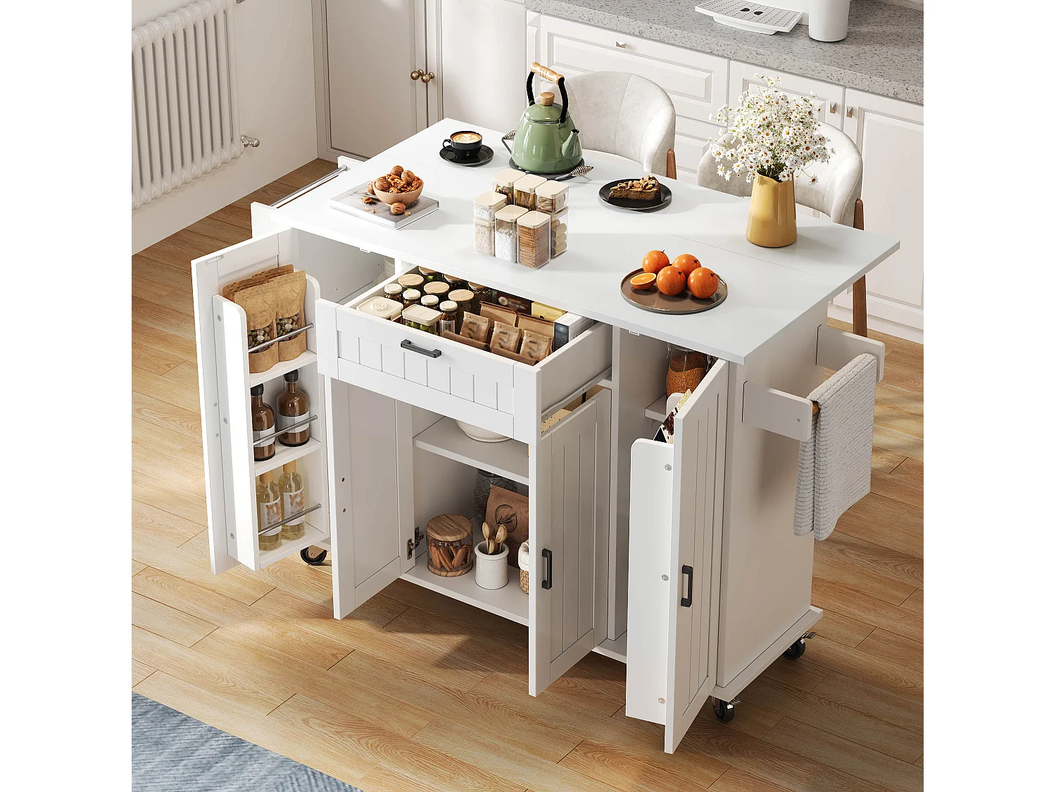 Îlot central sur roulettes - 120 x 45/70 x 95 cm - avec plan de travail rabattable + 4 portes + 1 tiroirs - MDF - blanc