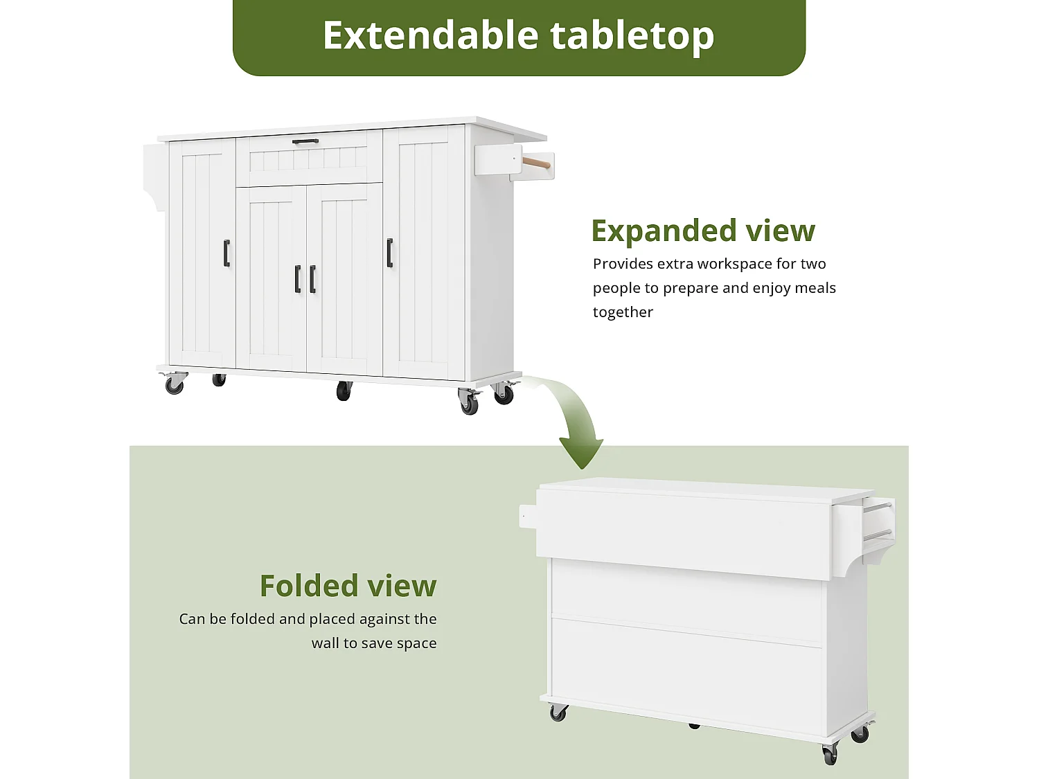 Îlot central sur roulettes - 120 x 45/70 x 95 cm - avec plan de travail rabattable + 4 portes + 1 tiroirs - MDF - blanc