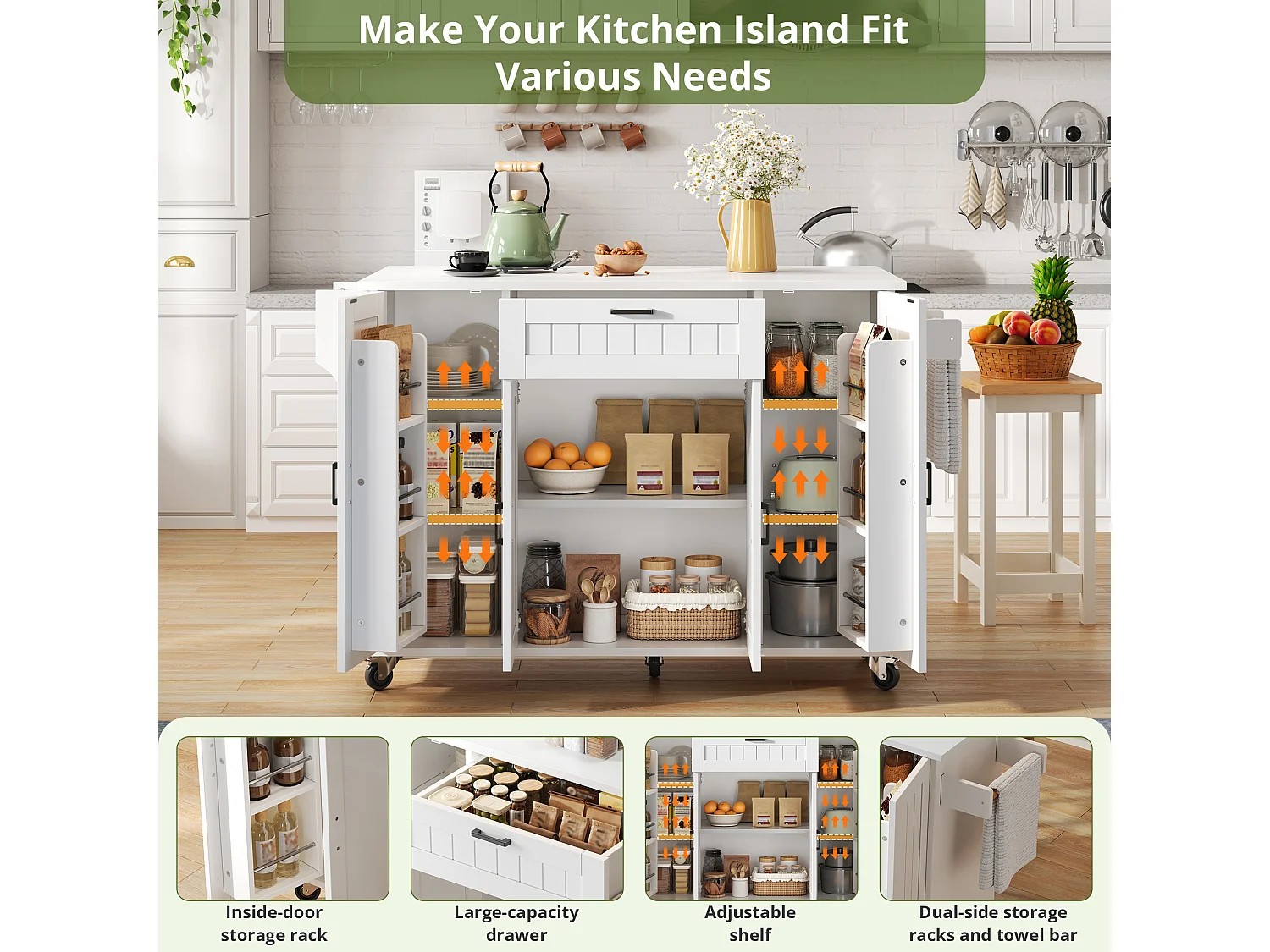 Îlot central sur roulettes - 120 x 45/70 x 95 cm - avec plan de travail rabattable + 4 portes + 1 tiroirs - MDF - blanc