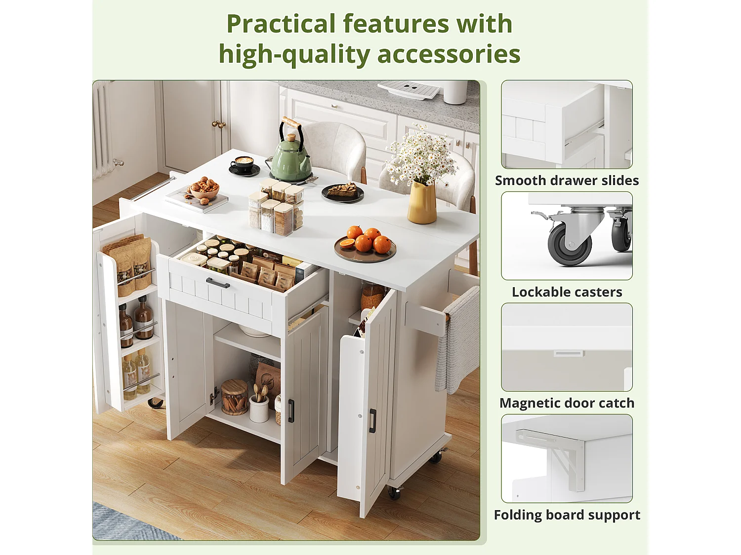 Îlot central sur roulettes - 120 x 45/70 x 95 cm - avec plan de travail rabattable + 4 portes + 1 tiroirs - MDF - blanc