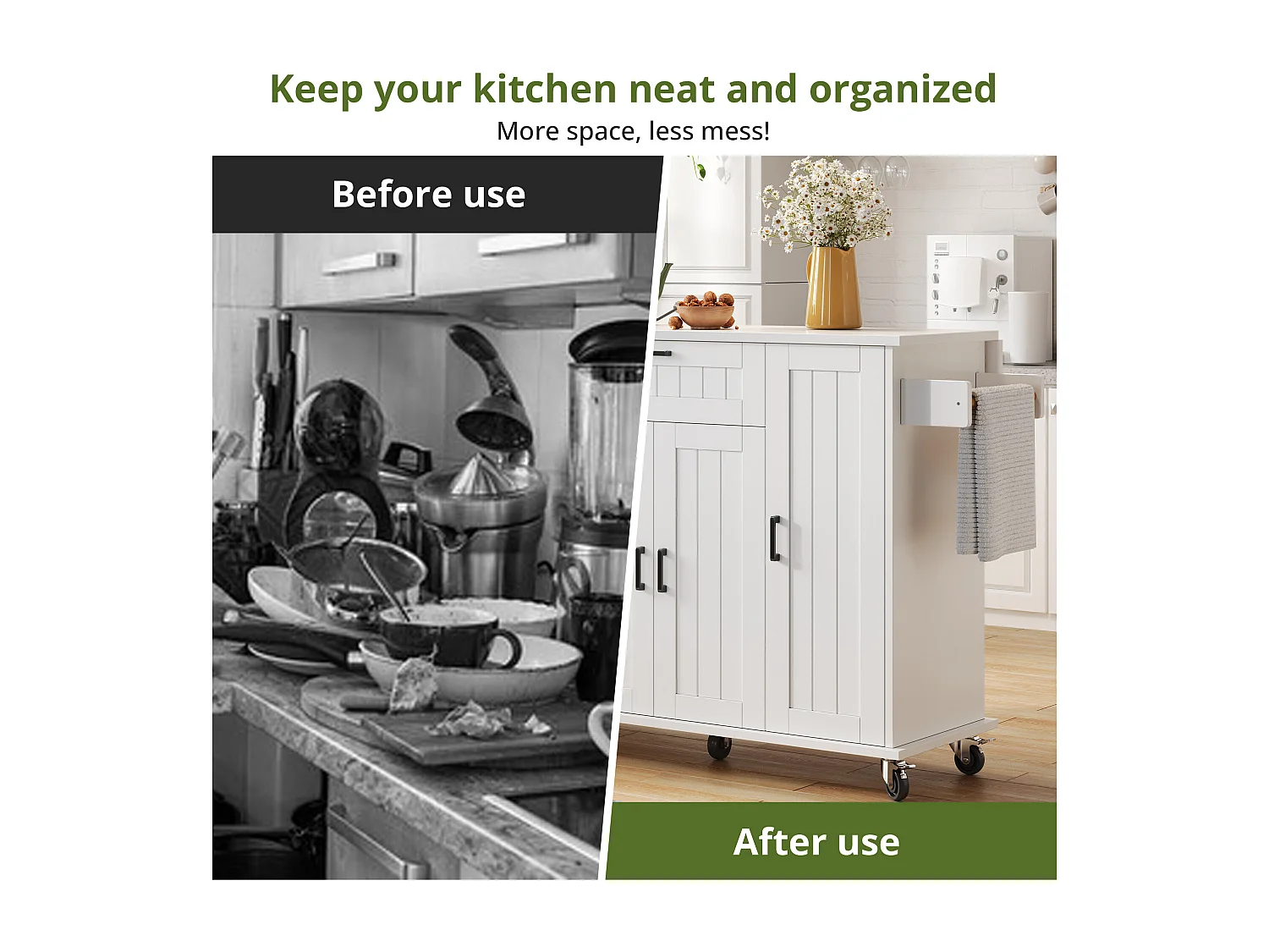 Îlot central sur roulettes - 120 x 45/70 x 95 cm - avec plan de travail rabattable + 4 portes + 1 tiroirs - MDF - blanc