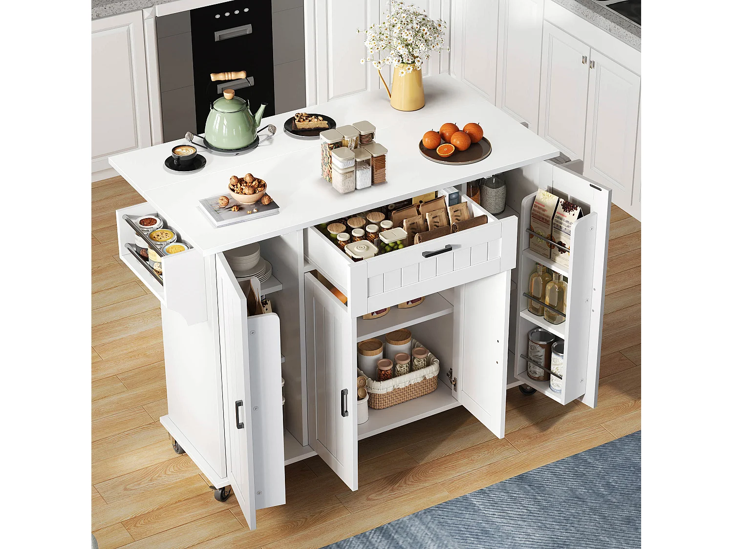 Îlot central sur roulettes - 120 x 45/70 x 95 cm - avec plan de travail rabattable + 4 portes + 1 tiroirs - MDF - blanc