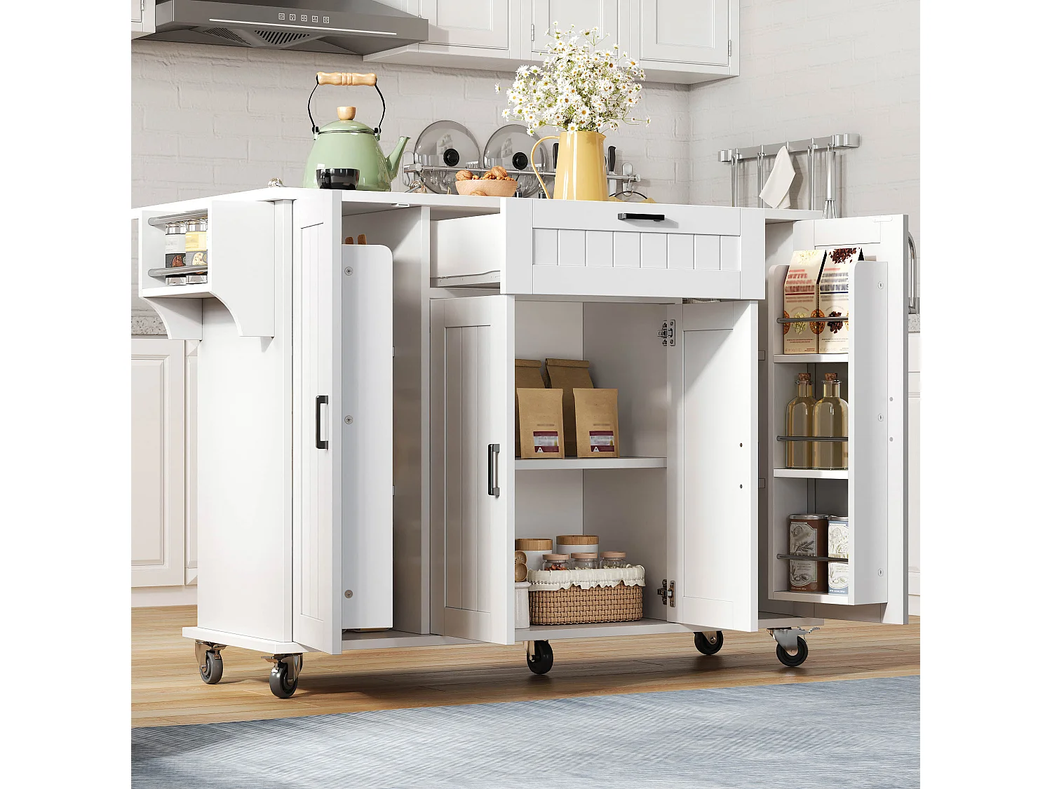 Îlot central sur roulettes - 120 x 45/70 x 95 cm - avec plan de travail rabattable + 4 portes + 1 tiroirs - MDF - blanc