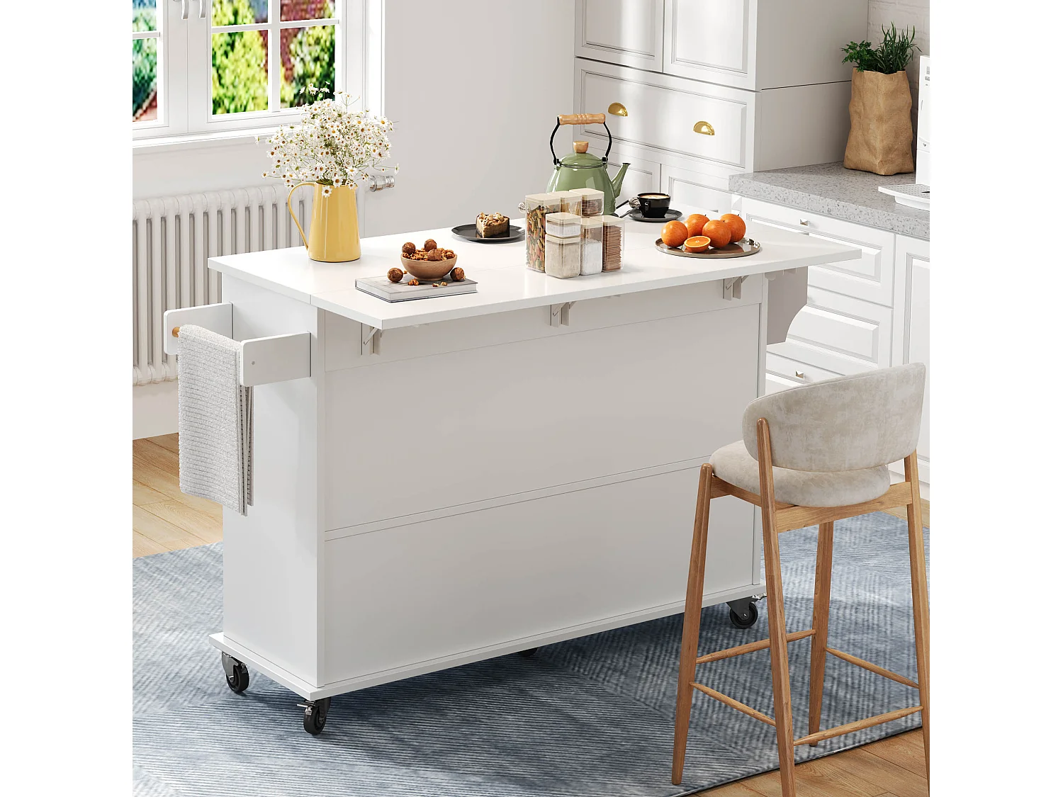 Îlot central sur roulettes - 120 x 45/70 x 95 cm - avec plan de travail rabattable + 4 portes + 1 tiroirs - MDF - blanc