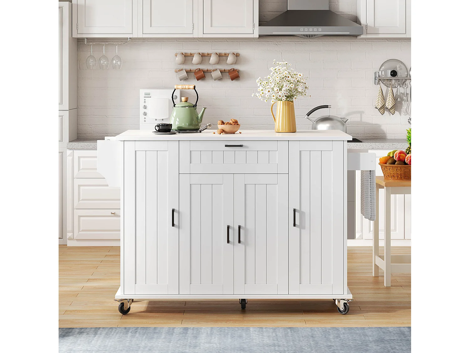 Îlot central sur roulettes - 120 x 45/70 x 95 cm - avec plan de travail rabattable + 4 portes + 1 tiroirs - MDF - blanc