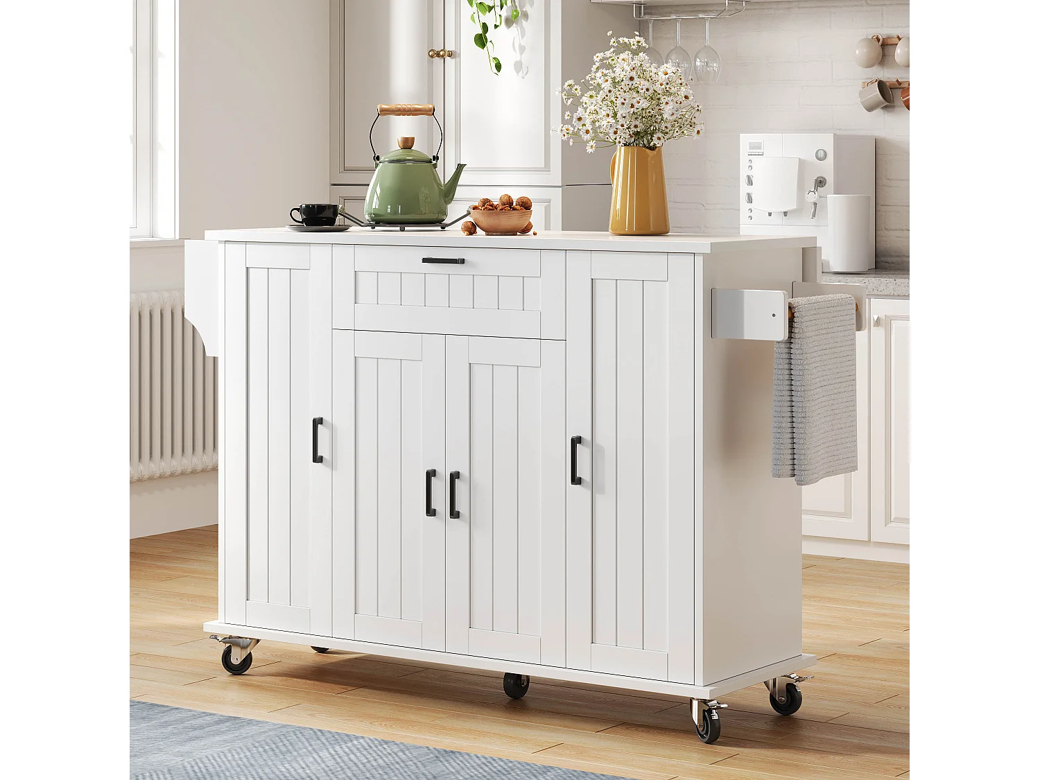 Îlot central sur roulettes - 120 x 45/70 x 95 cm - avec plan de travail rabattable + 4 portes + 1 tiroirs - MDF - blanc