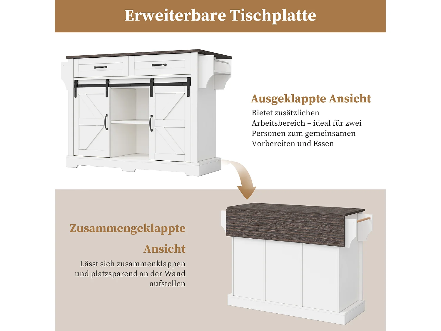 Îlot central sur roulettes - 120 x 45/70 x 91 cm - avec plan de travail rabattable + 2 portes coulissantes + 2 tiroirs - MDF - blanc