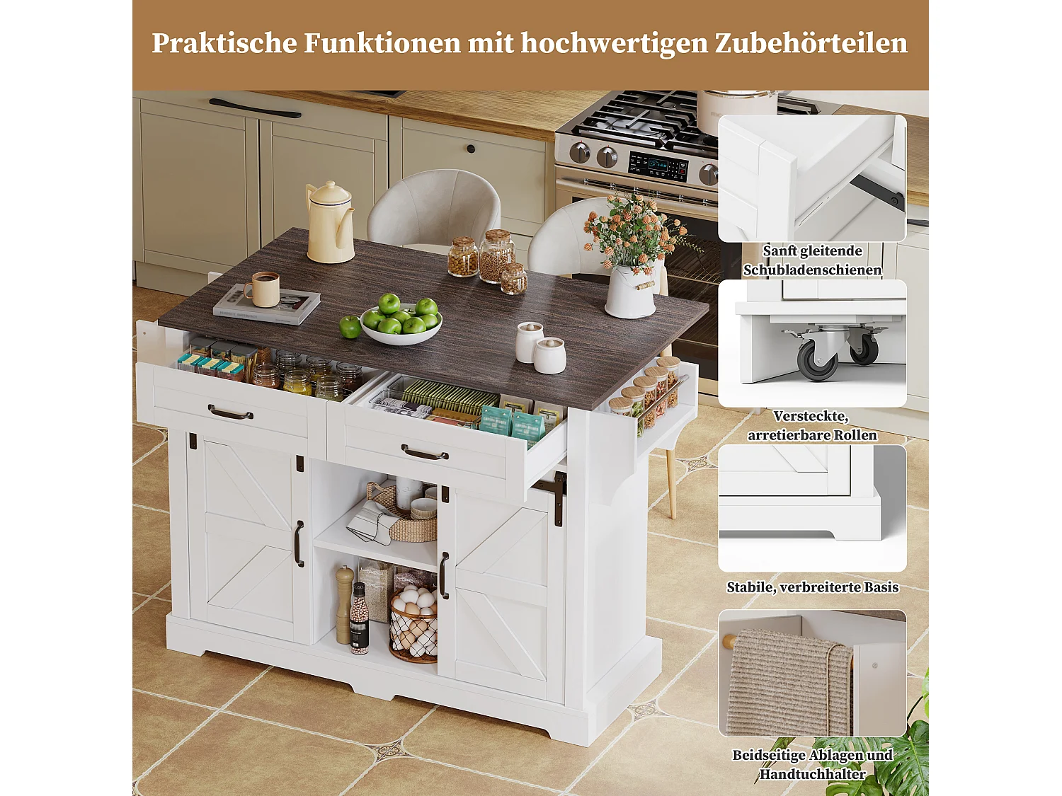 Îlot central sur roulettes - 120 x 45/70 x 91 cm - avec plan de travail rabattable + 2 portes coulissantes + 2 tiroirs - MDF - blanc