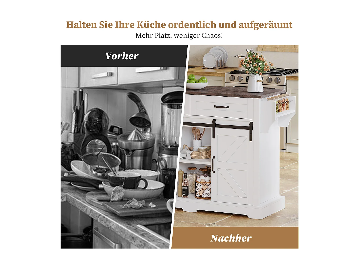 Îlot central sur roulettes - 120 x 45/70 x 91 cm - avec plan de travail rabattable + 2 portes coulissantes + 2 tiroirs - MDF - blanc