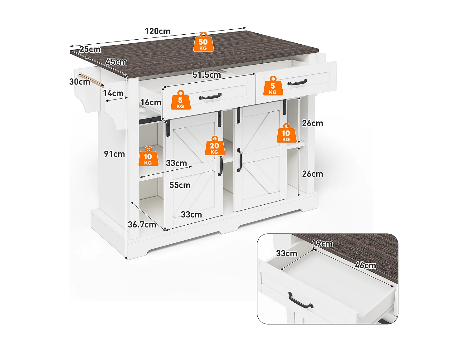 Îlot central sur roulettes - 120 x 45/70 x 91 cm - avec plan de travail rabattable + 2 portes coulissantes + 2 tiroirs - MDF - blanc