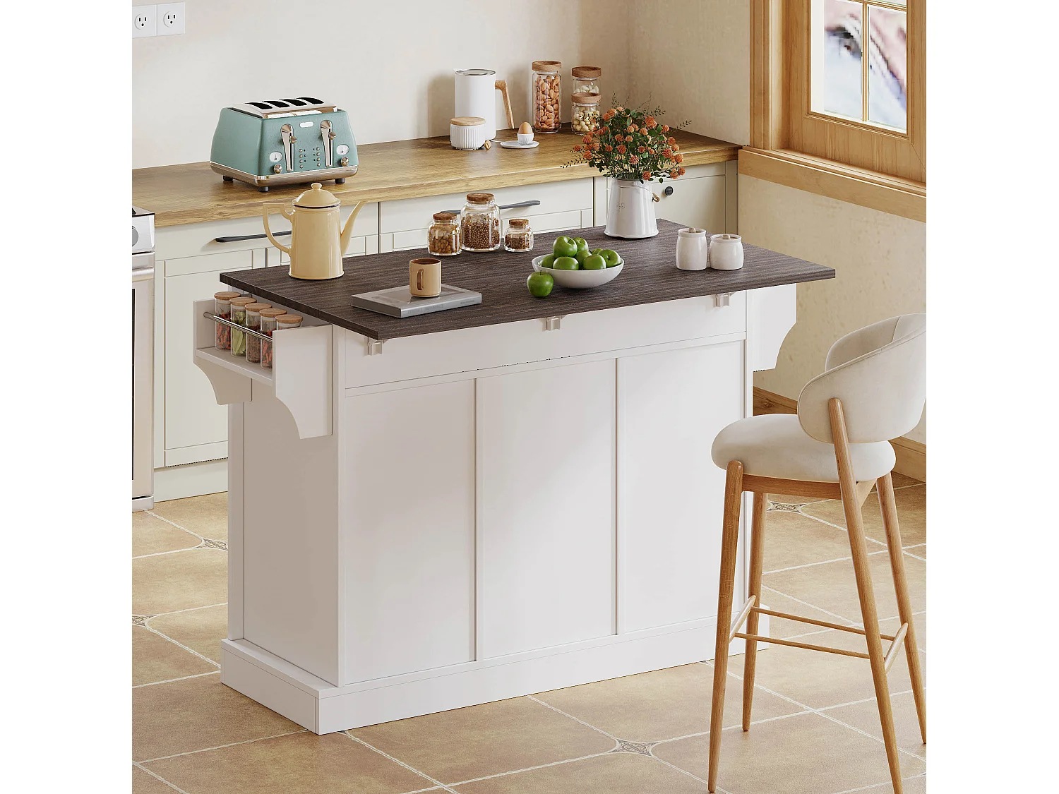 Îlot central sur roulettes - 120 x 45/70 x 91 cm - avec plan de travail rabattable + 2 portes coulissantes + 2 tiroirs - MDF - blanc