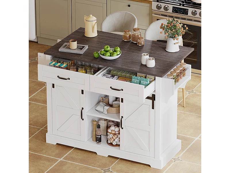 Îlot central sur roulettes - 120 x 45/70 x 91 cm - avec plan de travail rabattable + 2 portes coulissantes + 2 tiroirs - MDF - blanc