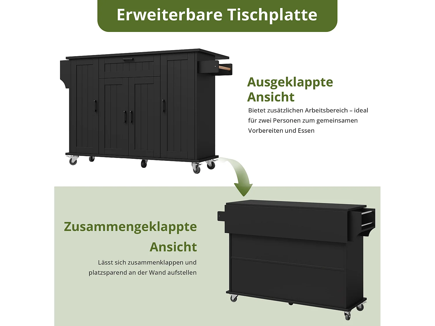Îlot central sur roulettes - 120 x 45/70 x 95 cm - avec plan de travail rabattable + 4 portes + 1 tiroirs - MDF - noir