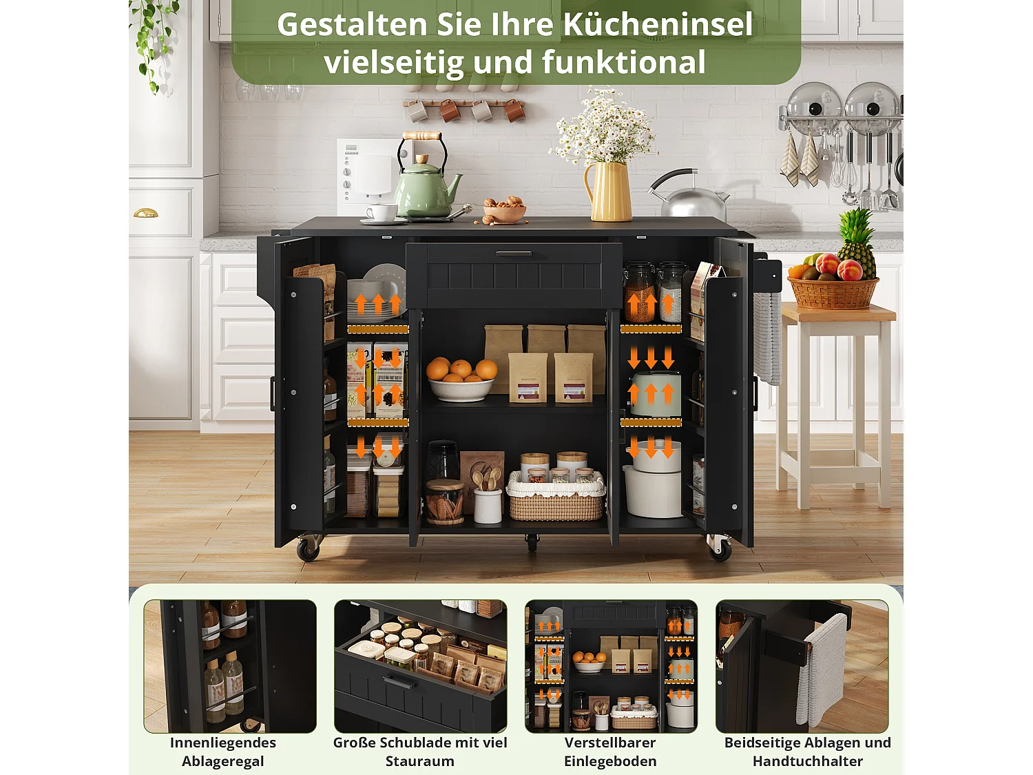 Îlot central sur roulettes - 120 x 45/70 x 95 cm - avec plan de travail rabattable + 4 portes + 1 tiroirs - MDF - noir