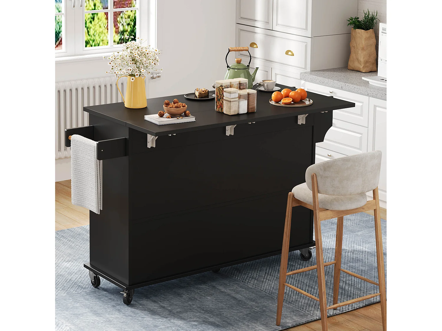 Îlot central sur roulettes - 120 x 45/70 x 95 cm - avec plan de travail rabattable + 4 portes + 1 tiroirs - MDF - noir