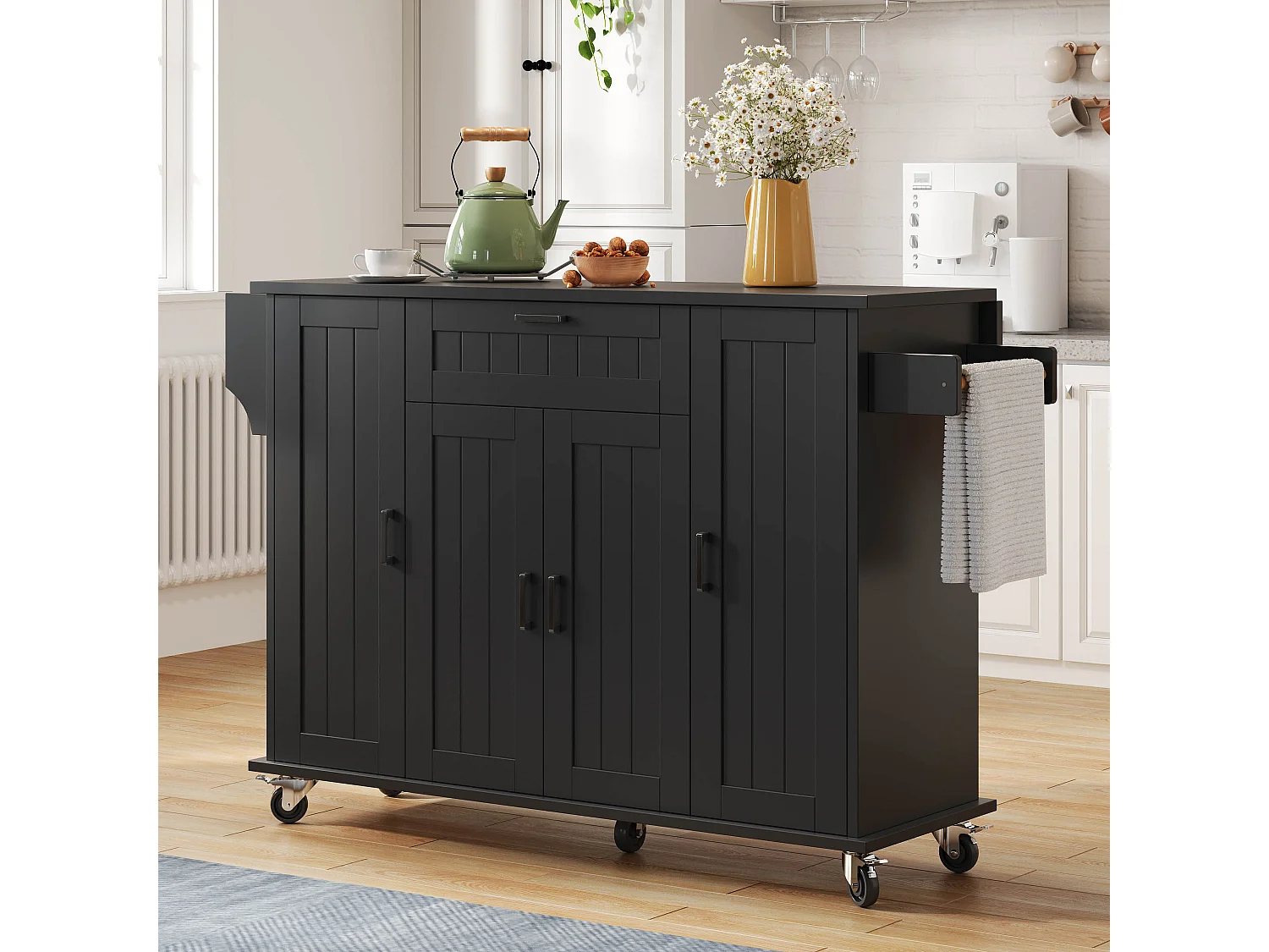 Îlot central sur roulettes - 120 x 45/70 x 95 cm - avec plan de travail rabattable + 4 portes + 1 tiroirs - MDF - noir