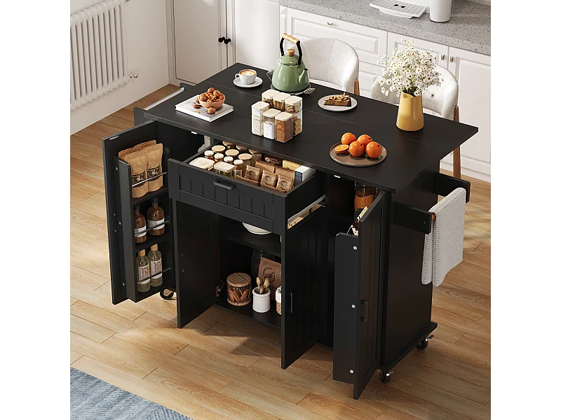 Îlot central sur roulettes - 120 x 45/70 x 95 cm - avec plan de travail rabattable + 4 portes + 1 tiroirs - MDF - noir