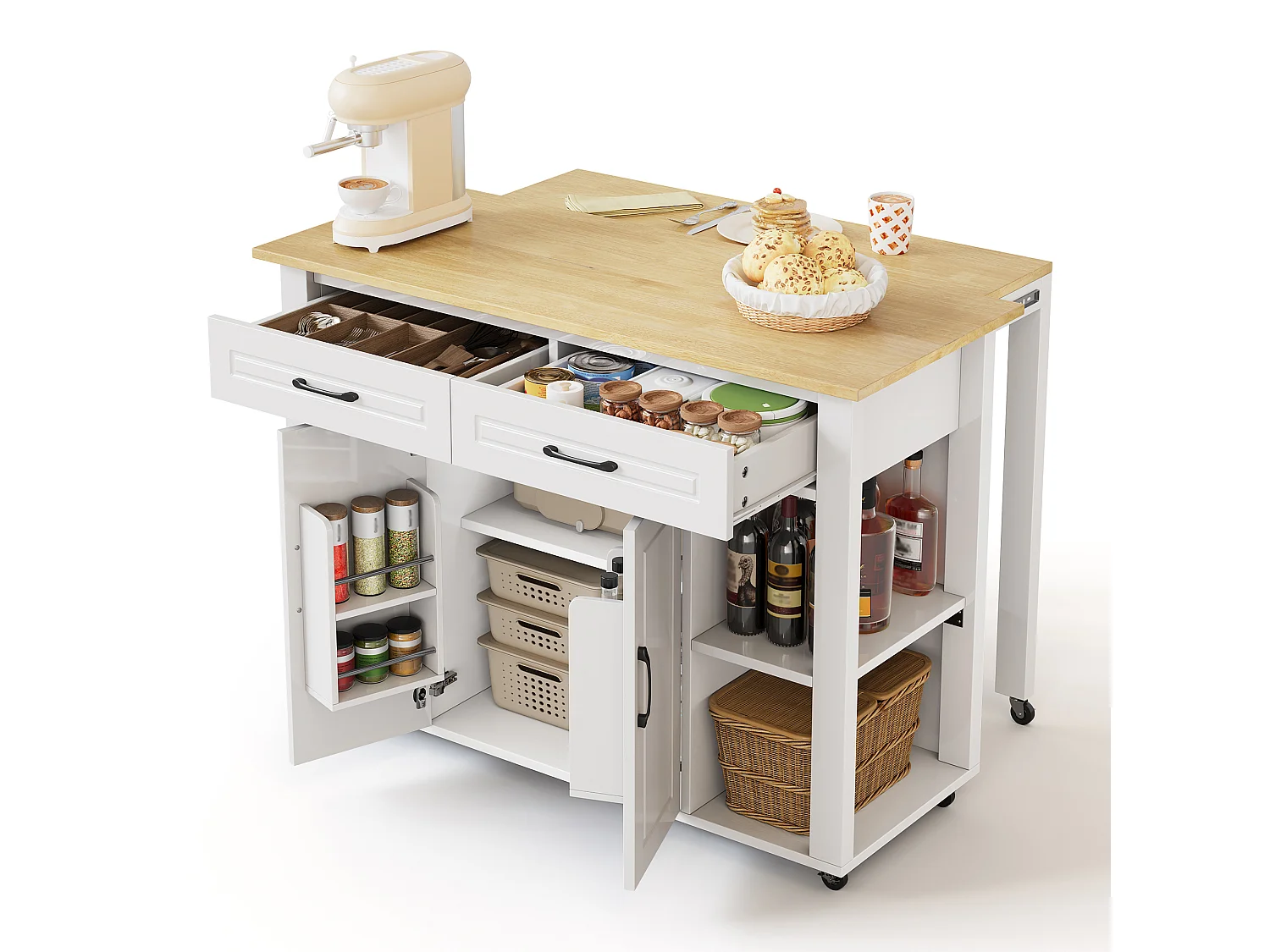 Îlot central mobile extensible - 120 x 50/77 x 91.5 cm - avec comptoir-bar + prises + 2 tiroirs + 2 portes - MDF - blanc + naturel