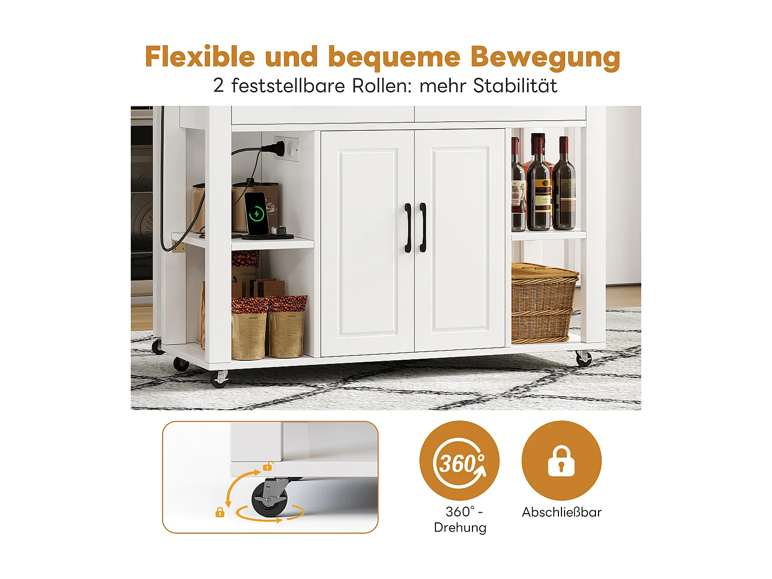 Îlot central mobile extensible - 120 x 50/77 x 91.5 cm - avec comptoir-bar + prises + 2 tiroirs + 2 portes - MDF - blanc + naturel