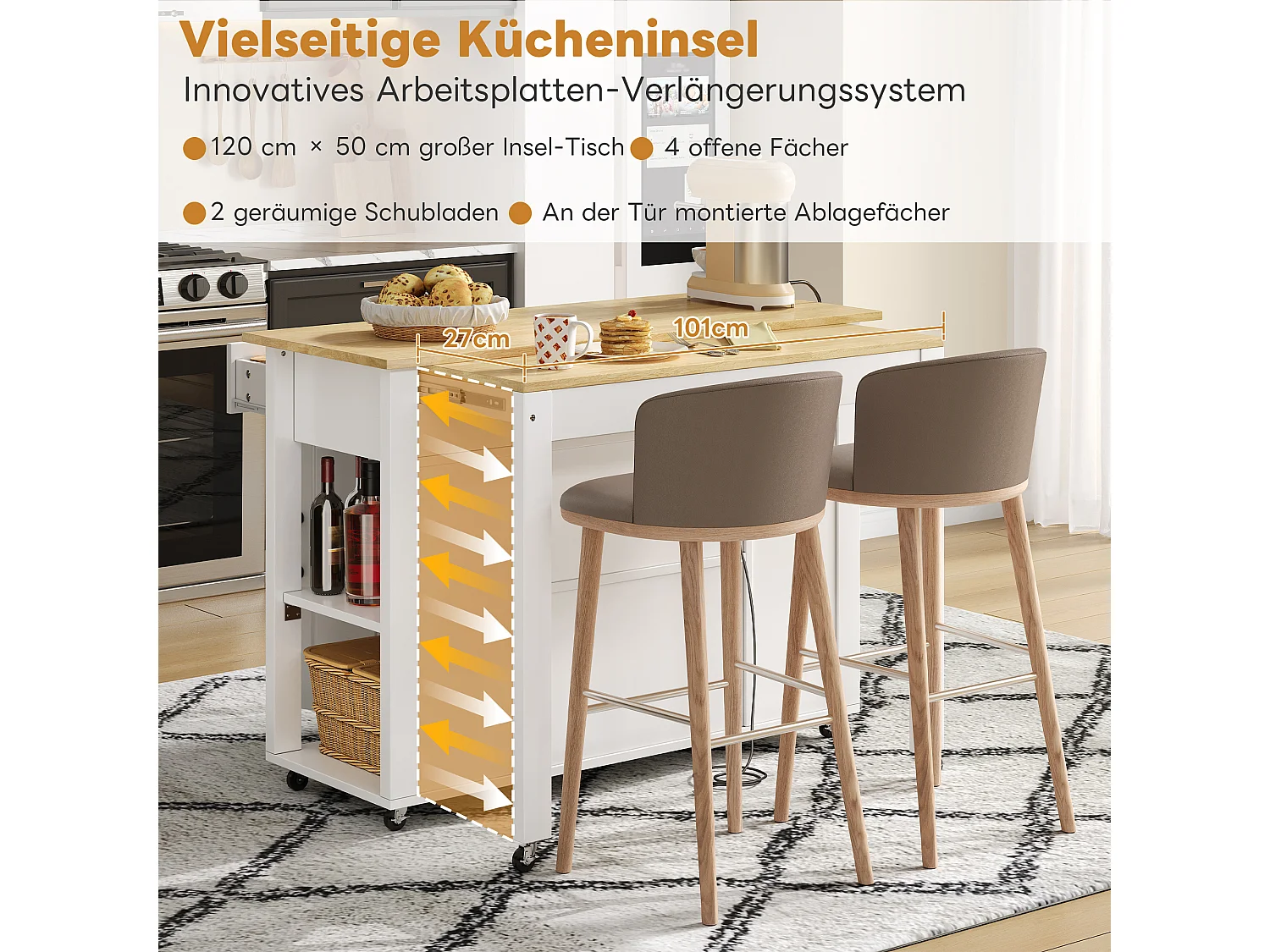 Îlot central mobile extensible - 120 x 50/77 x 91.5 cm - avec comptoir-bar + prises + 2 tiroirs + 2 portes - MDF - blanc + naturel