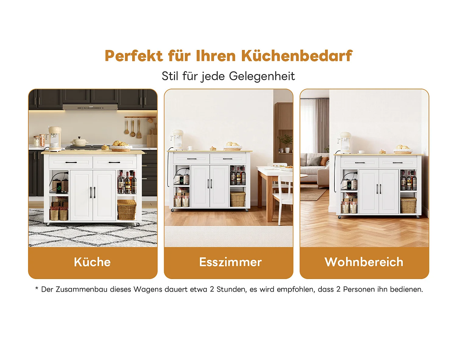 Îlot central mobile extensible - 120 x 50/77 x 91.5 cm - avec comptoir-bar + prises + 2 tiroirs + 2 portes - MDF - blanc + naturel