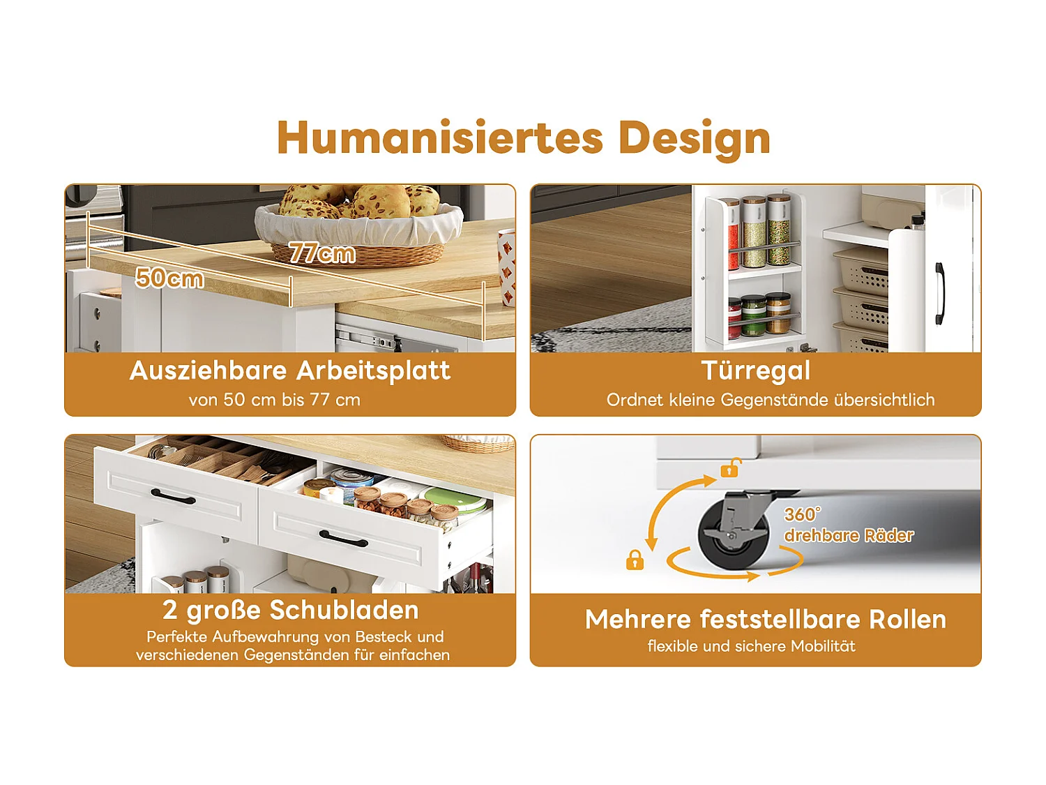 Îlot central mobile extensible - 120 x 50/77 x 91.5 cm - avec comptoir-bar + prises + 2 tiroirs + 2 portes - MDF - blanc + naturel