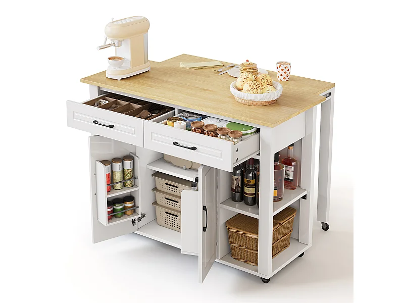 Îlot central mobile extensible - 120 x 50/77 x 91.5 cm - avec comptoir-bar + prises + 2 tiroirs + 2 portes - MDF - blanc + naturel