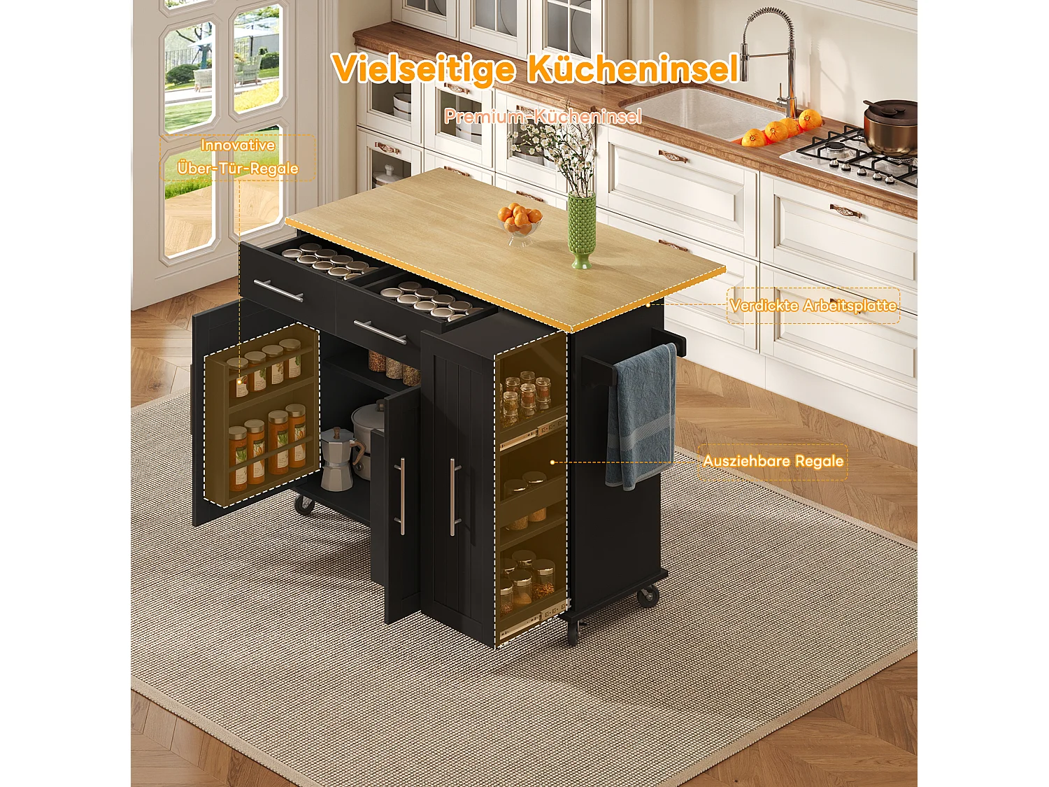 Îlot de cuisine à roulettes - 120 x 40/65 x 90 cm - avec rangement coulissant + avec 2 tiroirs + 2 portes - noir