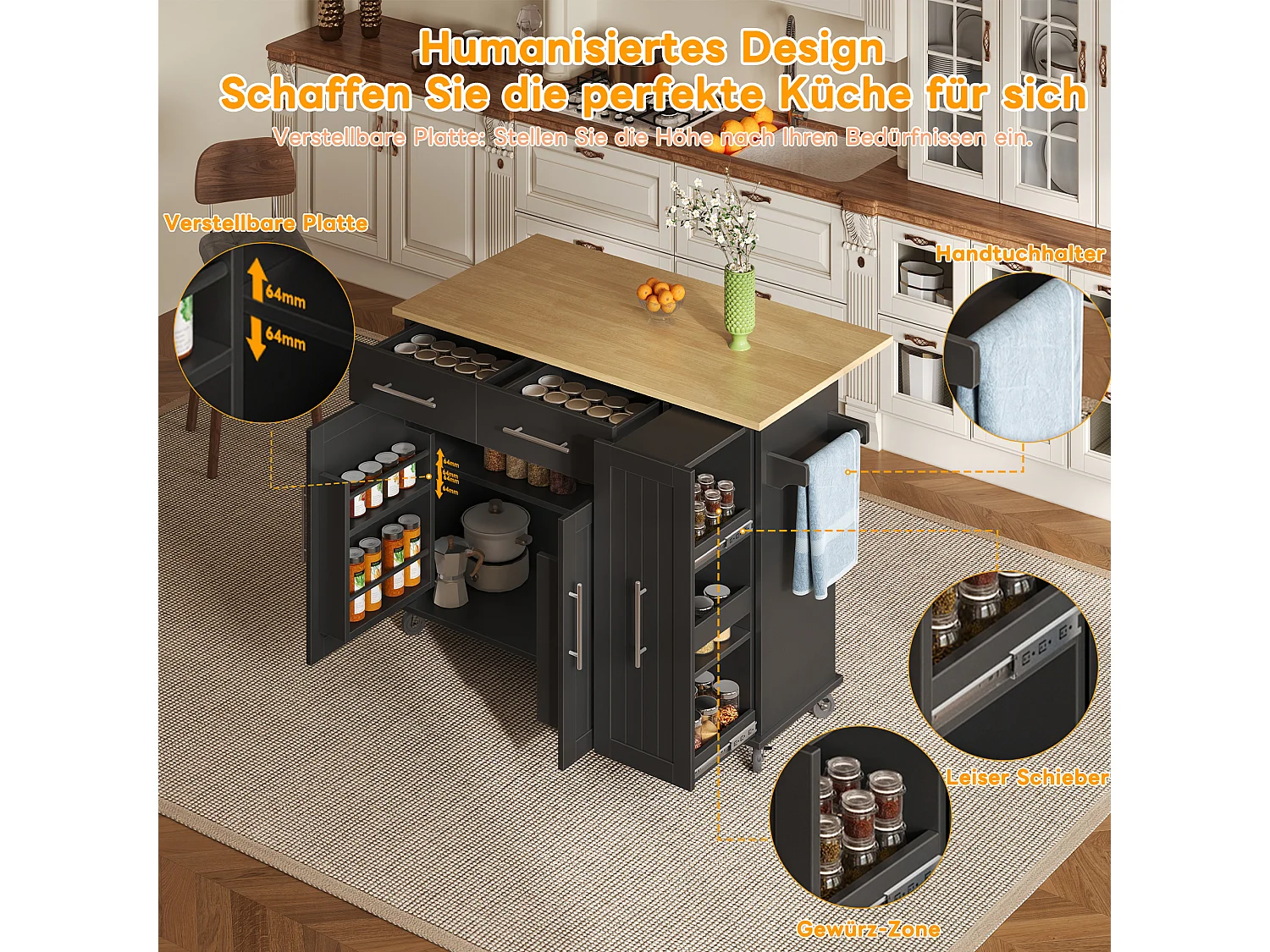 Îlot de cuisine à roulettes - 120 x 40/65 x 90 cm - avec rangement coulissant + avec 2 tiroirs + 2 portes - noir