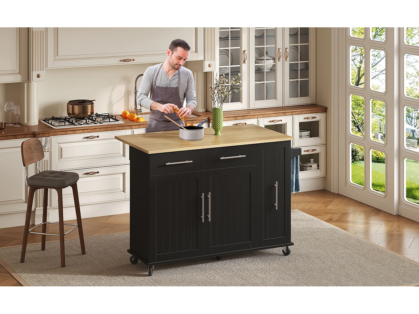 Îlot de cuisine à roulettes - 120 x 40/65 x 90 cm - avec rangement coulissant + avec 2 tiroirs + 2 portes - noir