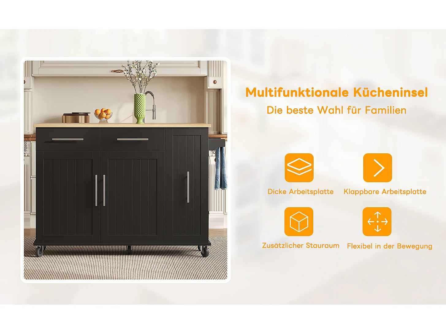 Îlot de cuisine à roulettes - 120 x 40/65 x 90 cm - avec rangement coulissant + avec 2 tiroirs + 2 portes - noir