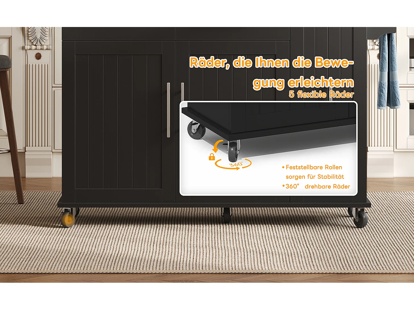 Îlot de cuisine à roulettes - 120 x 40/65 x 90 cm - avec rangement coulissant + avec 2 tiroirs + 2 portes - noir