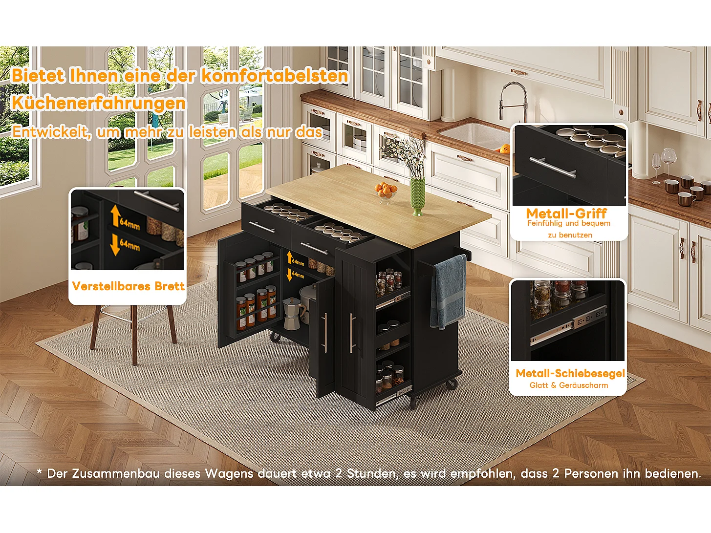 Îlot de cuisine à roulettes - 120 x 40/65 x 90 cm - avec rangement coulissant + avec 2 tiroirs + 2 portes - noir