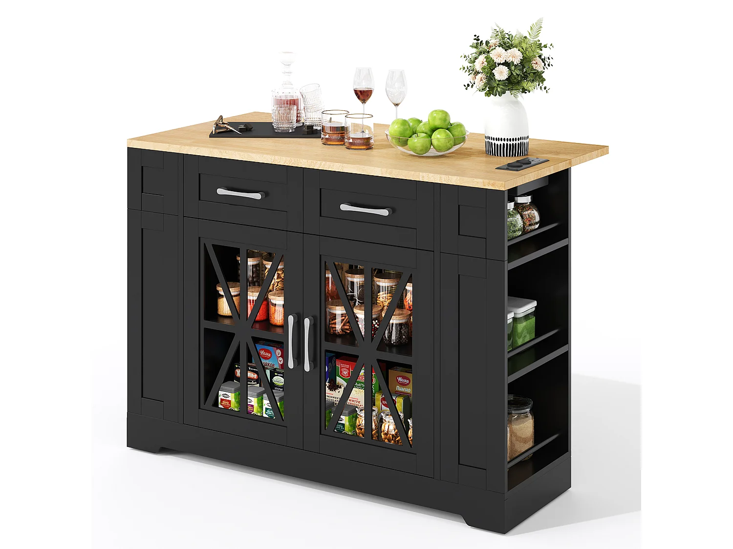 Îlot central portable - 120 x 40/65 x 92 cm - avec table pliante + portes en verre + 2 tirois + prise + USB - MDF - noir + naturel