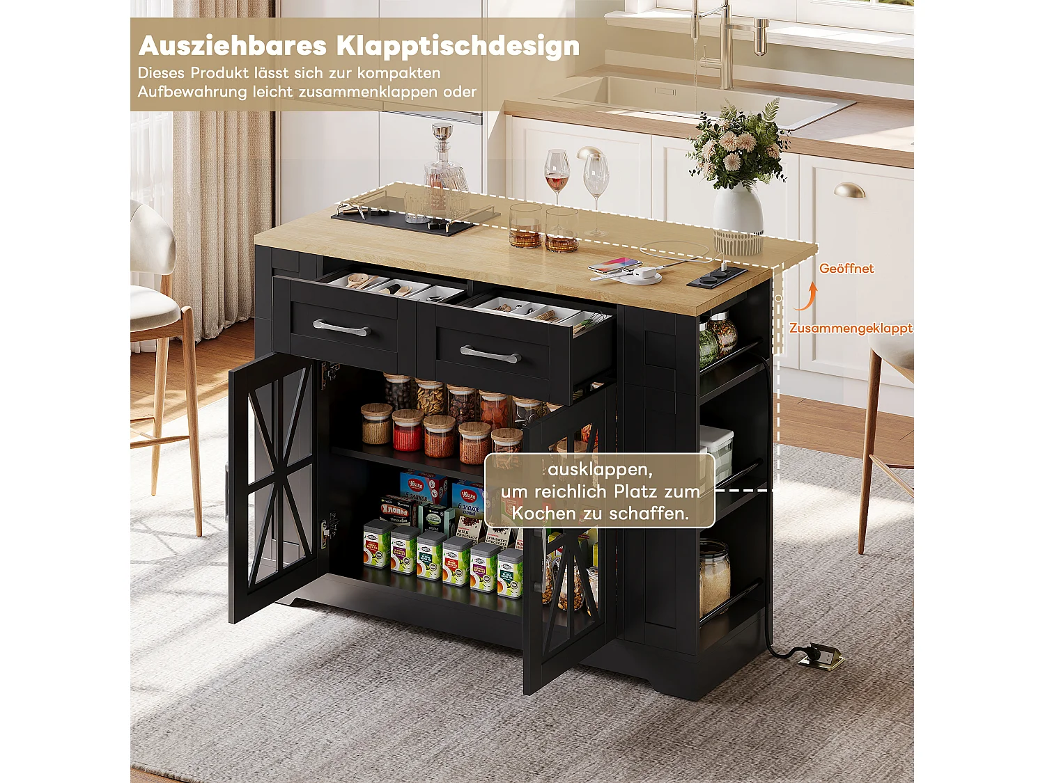 Îlot central portable - 120 x 40/65 x 92 cm - avec table pliante + portes en verre + 2 tirois + prise + USB - MDF - noir + naturel