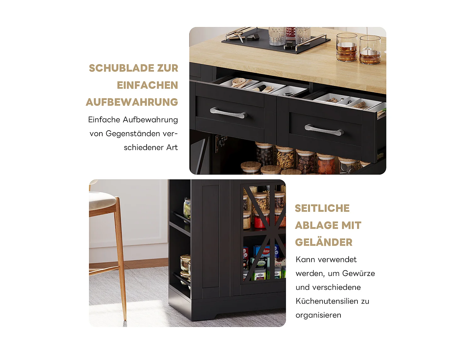 Îlot central portable - 120 x 40/65 x 92 cm - avec table pliante + portes en verre + 2 tirois + prise + USB - MDF - noir + naturel