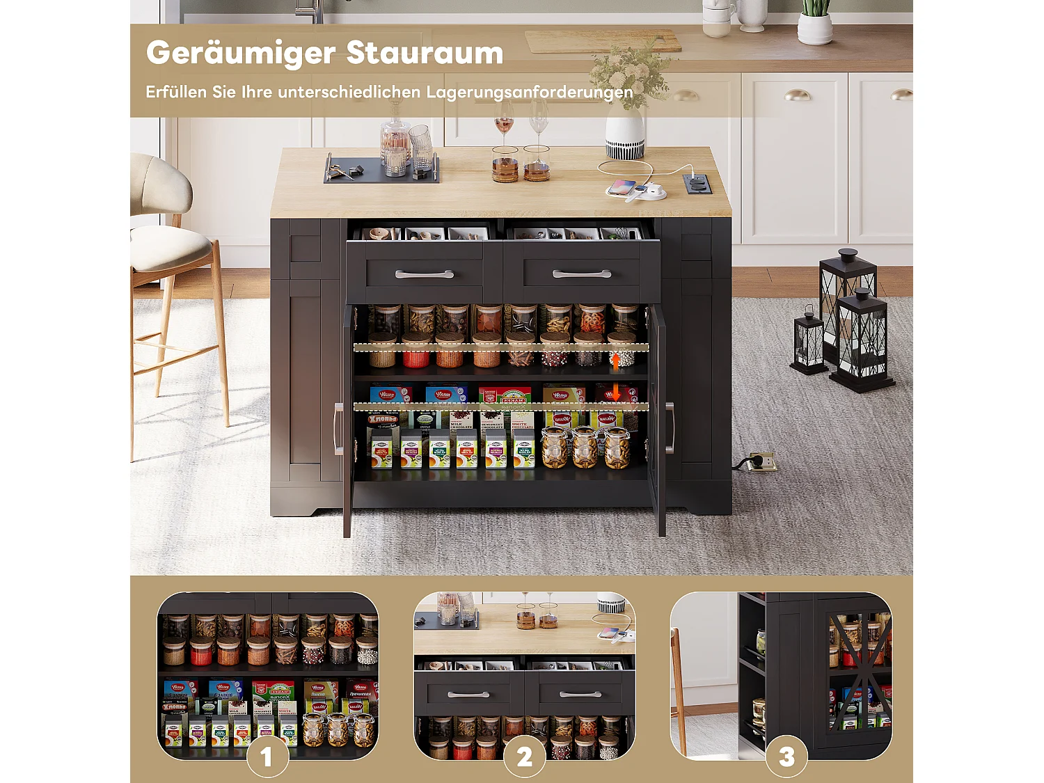 Îlot central portable - 120 x 40/65 x 92 cm - avec table pliante + portes en verre + 2 tirois + prise + USB - MDF - noir + naturel