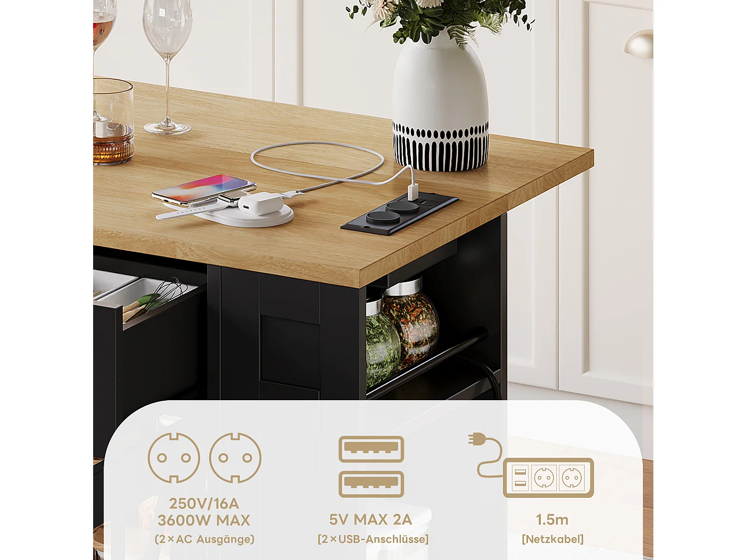 Îlot central portable - 120 x 40/65 x 92 cm - avec table pliante + portes en verre + 2 tirois + prise + USB - MDF - noir + naturel