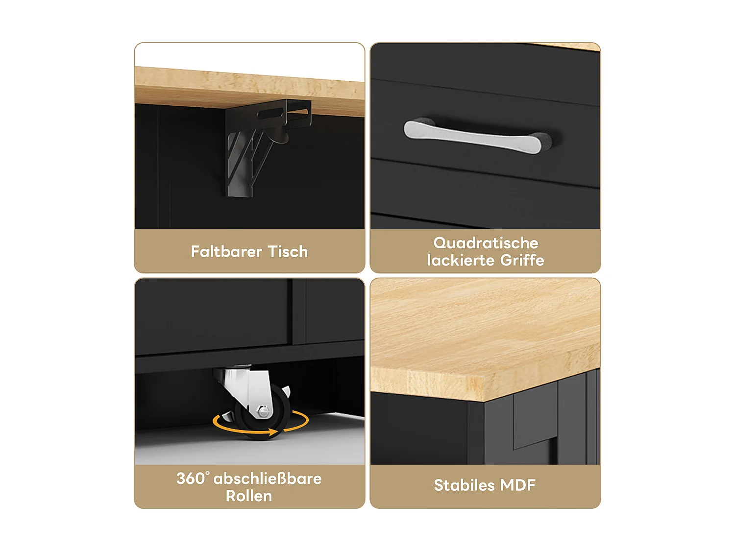 Îlot central portable - 120 x 40/65 x 92 cm - avec table pliante + portes en verre + 2 tirois + prise + USB - MDF - noir + naturel