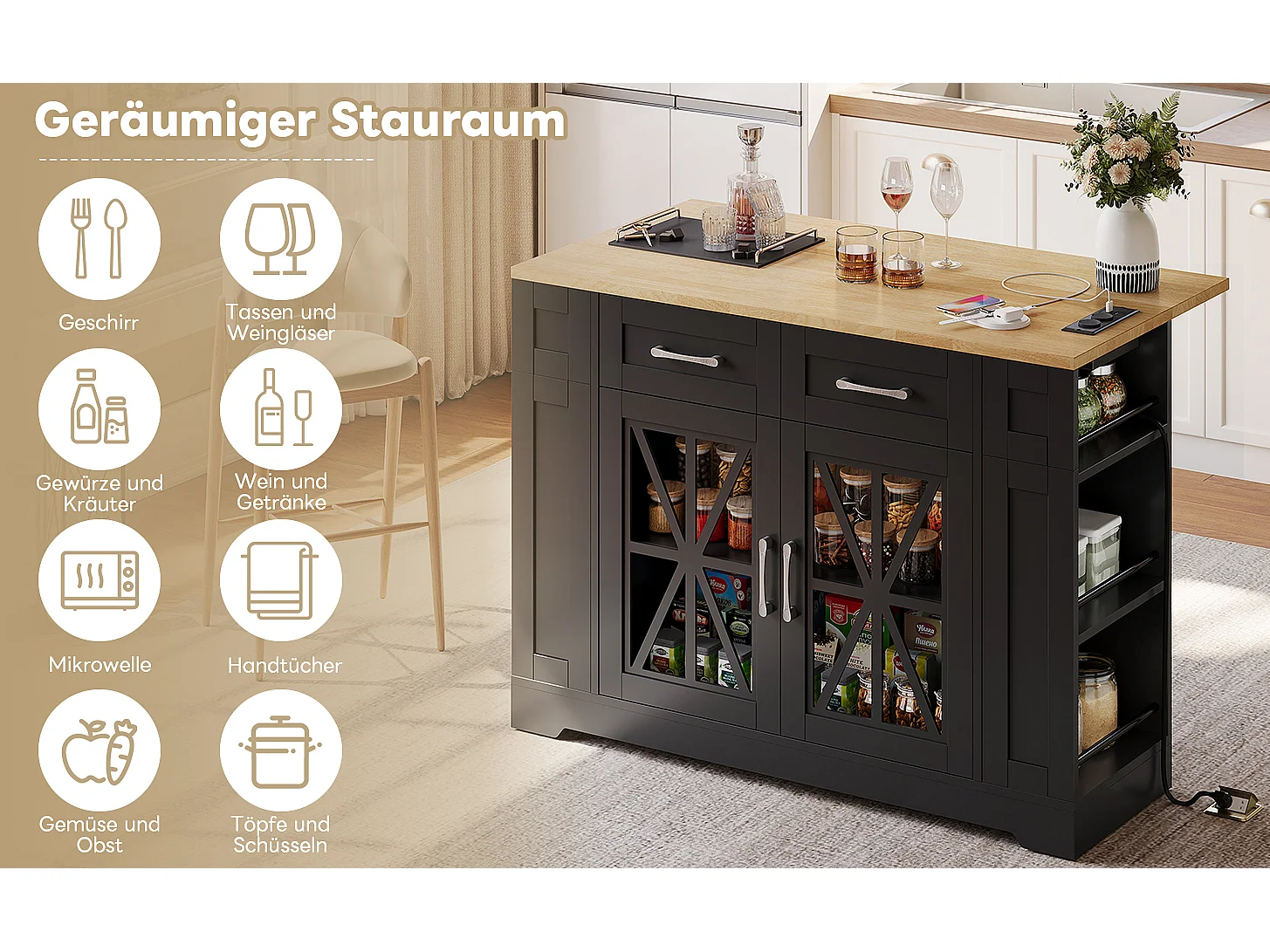 Îlot central portable - 120 x 40/65 x 92 cm - avec table pliante + portes en verre + 2 tirois + prise + USB - MDF - noir + naturel