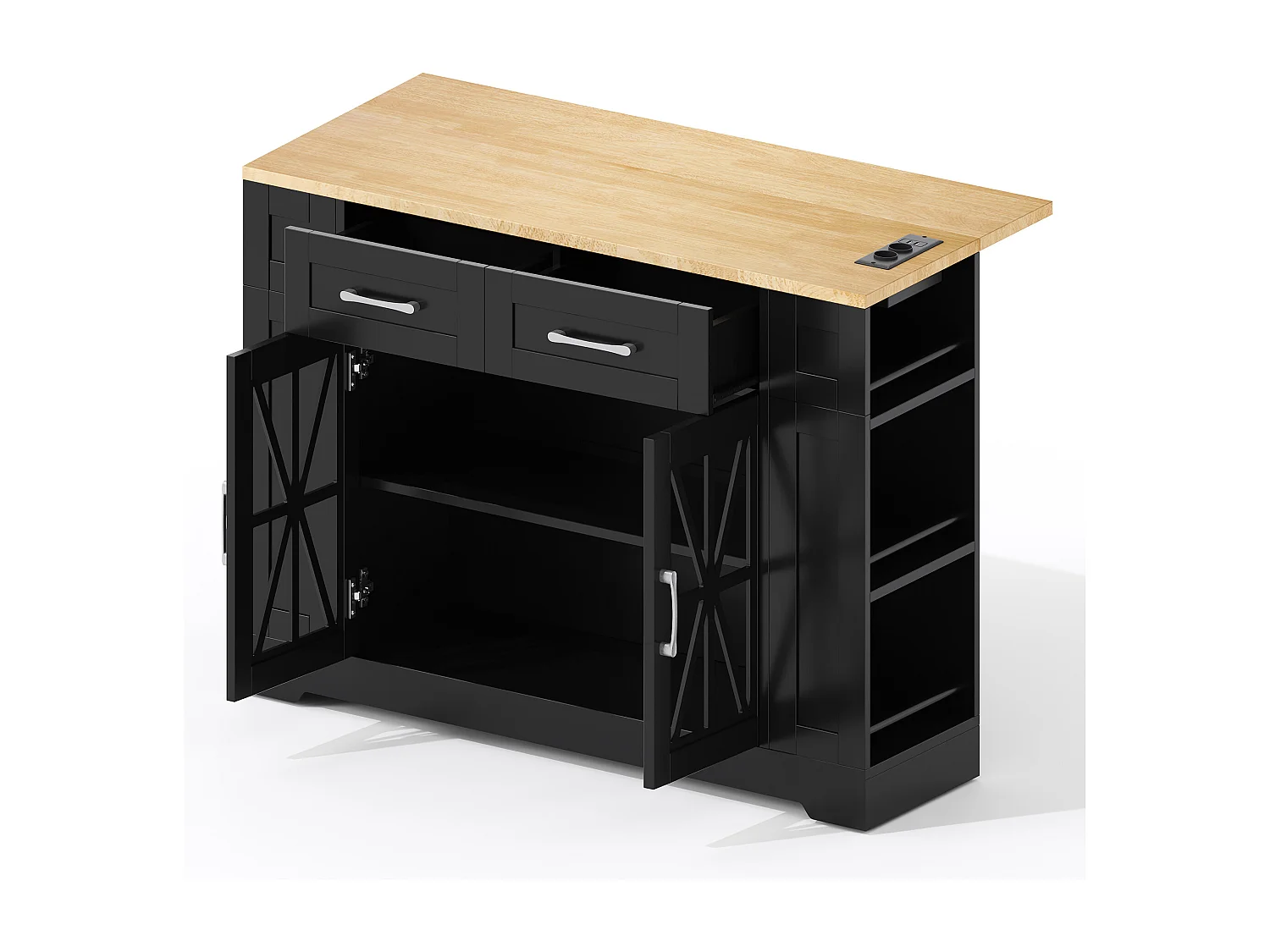 Îlot central portable - 120 x 40/65 x 92 cm - avec table pliante + portes en verre + 2 tirois + prise + USB - MDF - noir + naturel