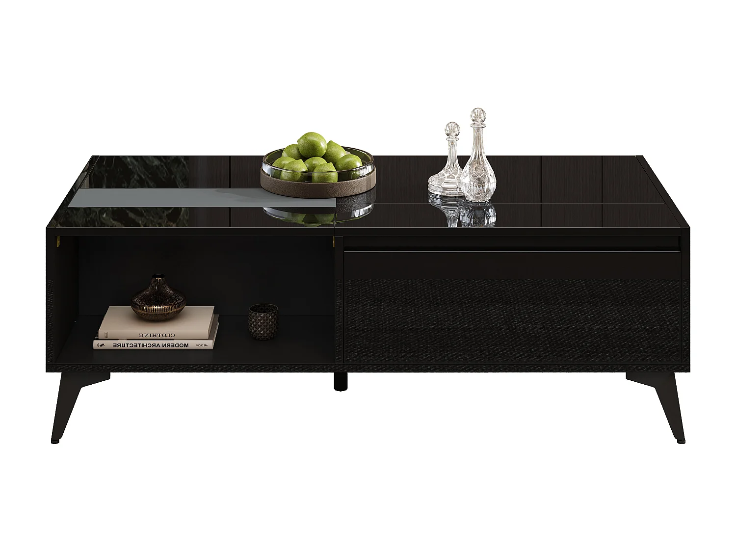 Hochglanz-Couchtisch mit Hubfunktion – 110 x 50 x 48 cm – mit Ablage und Tür – Spanplatte – schwarz