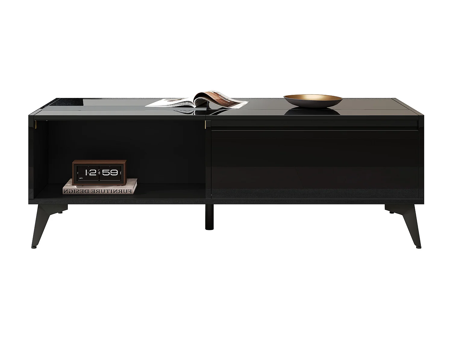 Hochglanz-Couchtisch mit Hubfunktion – 110 x 50 x 48 cm – mit Ablage und Tür – Spanplatte – schwarz