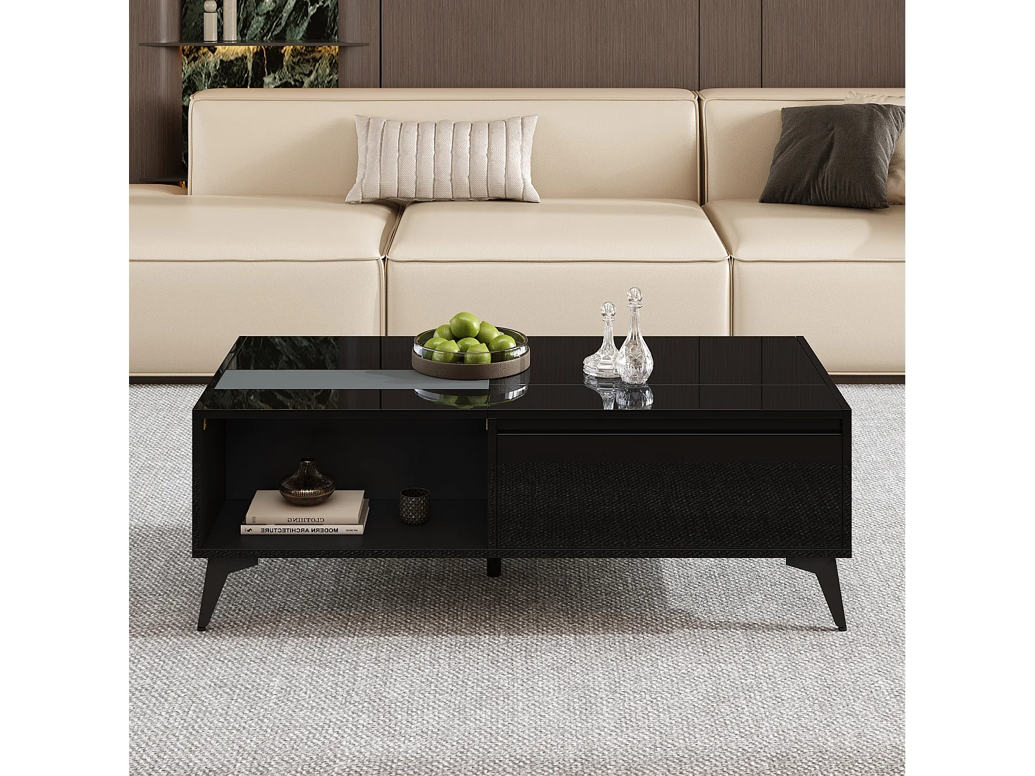 Hochglanz-Couchtisch mit Hubfunktion – 110 x 50 x 48 cm – mit Ablage und Tür – Spanplatte – schwarz