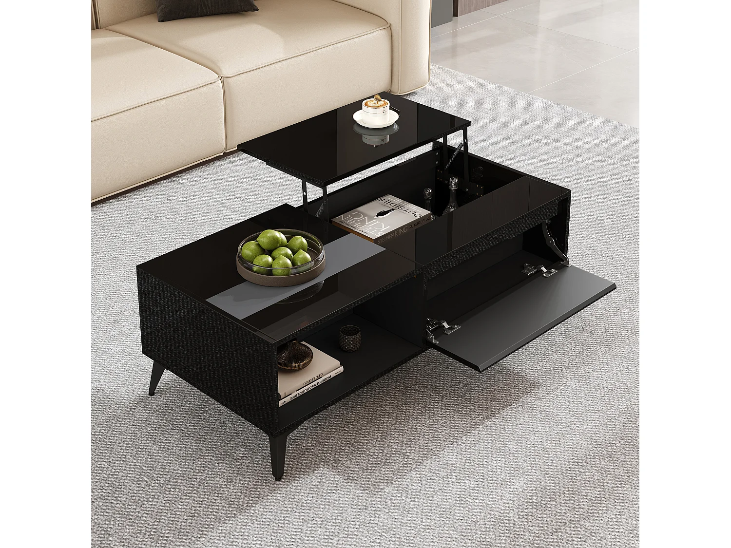 Hochglanz-Couchtisch mit Hubfunktion – 110 x 50 x 48 cm – mit Ablage und Tür – Spanplatte – schwarz